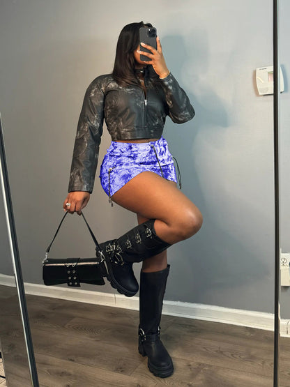 Women Fashion Sexy Printed Pleated Drawstring Pocket Skirt
