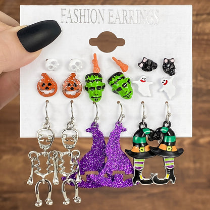Juego de pendientes de calabaza, murciélago y fantasma de Halloween, aleación de dibujos animados
