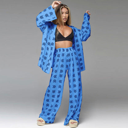 Women Loose Casual Fashion Printed Silk Pajamas Set