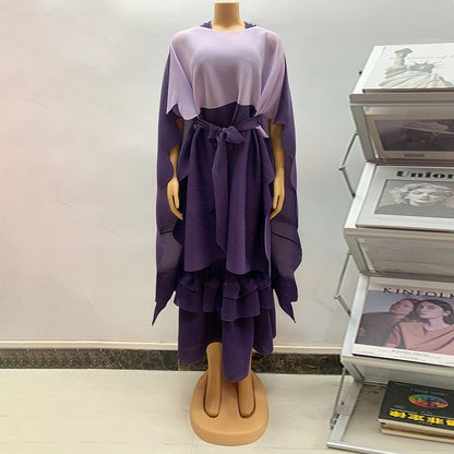 African Women Fashion Pleated Cape Ruffled Dress Set
