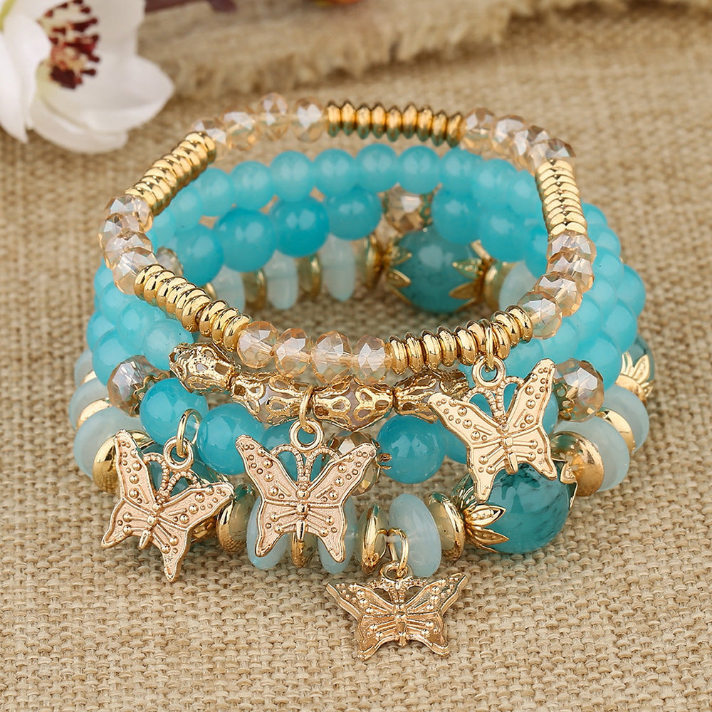 Bohemian Multi-Layer Beaded Butterfly Pendant Bracelet