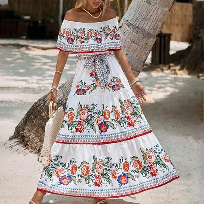 Vestido maxi sexy bohemio de verano con hombros descubiertos y estampado floral para mujer