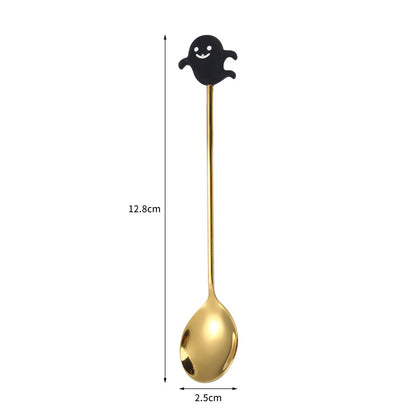 Tenedor y cuchara de acero inoxidable para postres y frutas con dibujos animados de Halloween.
