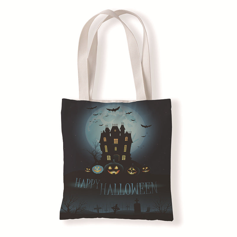 Bolsa de lona con estampado de calabaza y murciélago de Halloween con dibujos animados