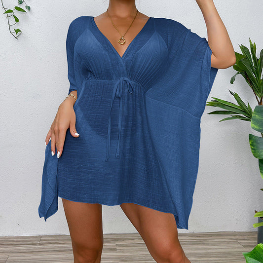 Women Fashion Casual Solid Color V-Neck Swimsuit Cover-Up