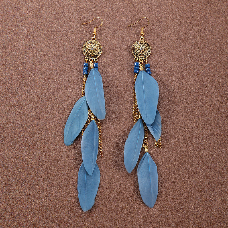 Boucles d'oreilles à pompons et plumes de style ethnique bohème rétro