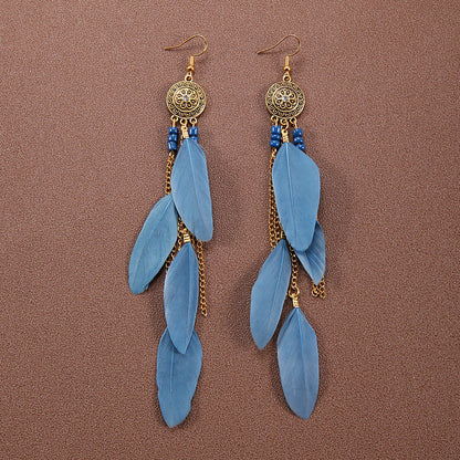 Boucles d'oreilles à pompons et plumes de style ethnique bohème rétro