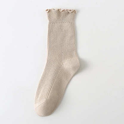 Calcetines casuales de algodón con borde rizado para mujer en colores lisos