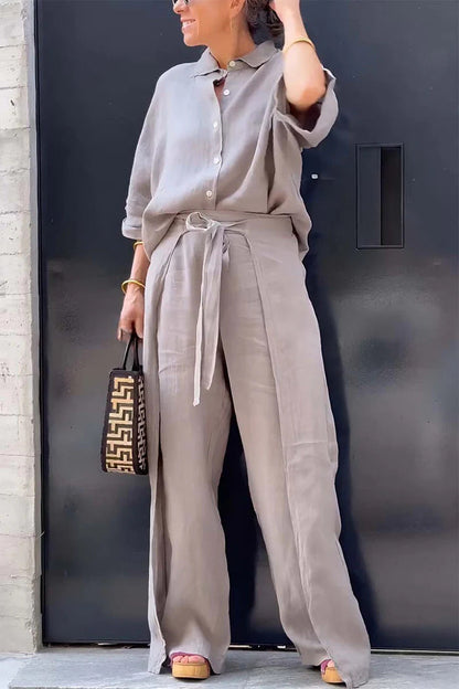 Women Fashion Casual Cotton Linen Laple Top Pants Set