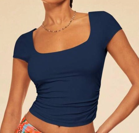 Women Fashion Sexy Solid Color Short-Sleeved Slim-Fit Crop Top
