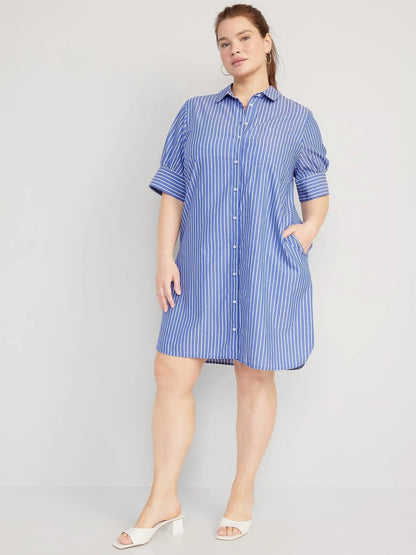 Vestido informal sencillo de manga corta con solapa para mujer