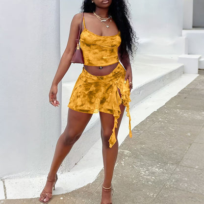 Women Fashion Sexy Tie-Dye Mesh Camisole Skirt Set