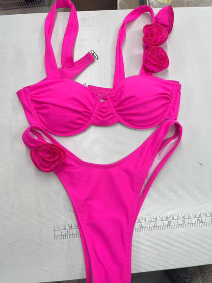 Conjunto de bikini sexy con tirantes rosas de color liso para mujer