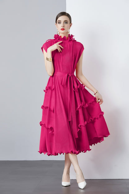 Women Solid Color Pleated Chiffon Dress