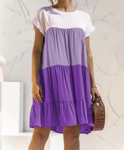 Women Fashion Casual Color Block Round Neck Dress