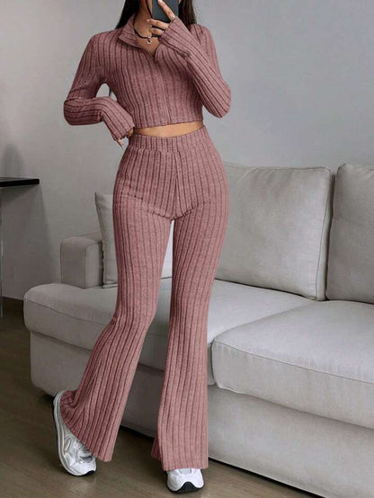 Conjunto de top y pantalón de manga larga con cremallera informal a la moda para mujer