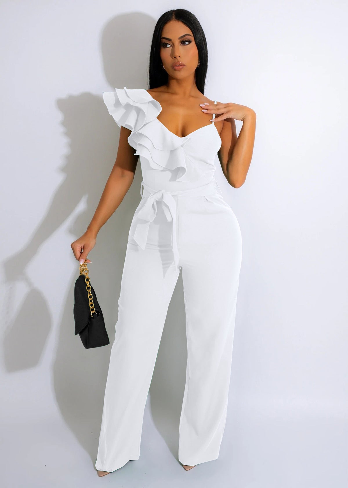 Women Fashion Solid Color V-Neck Ruffled Jumpsuits