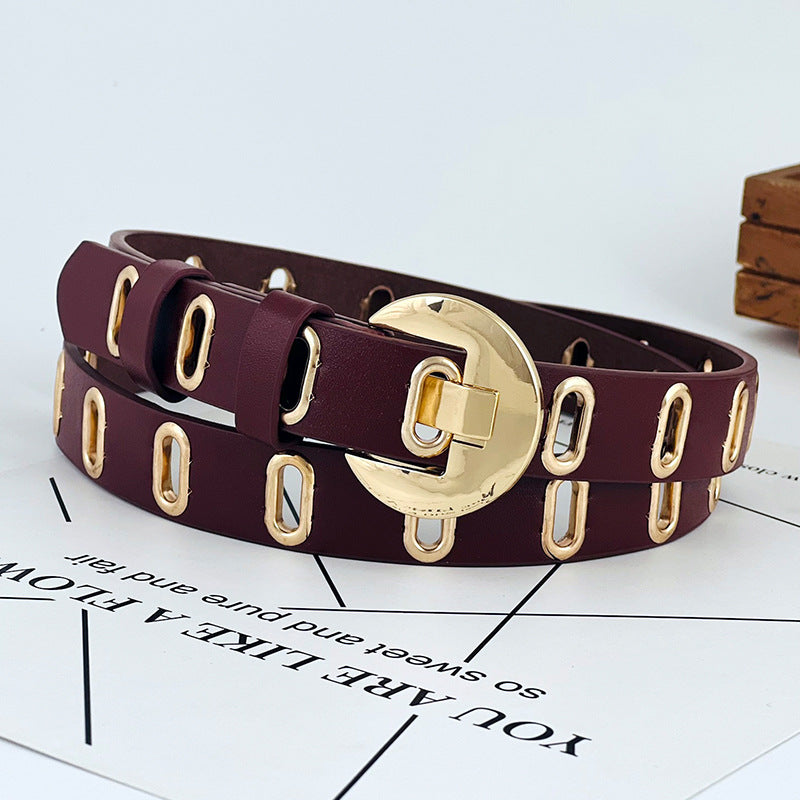 Ceinture décorative à œillets métalliques ajourés pour femme en cuir PU