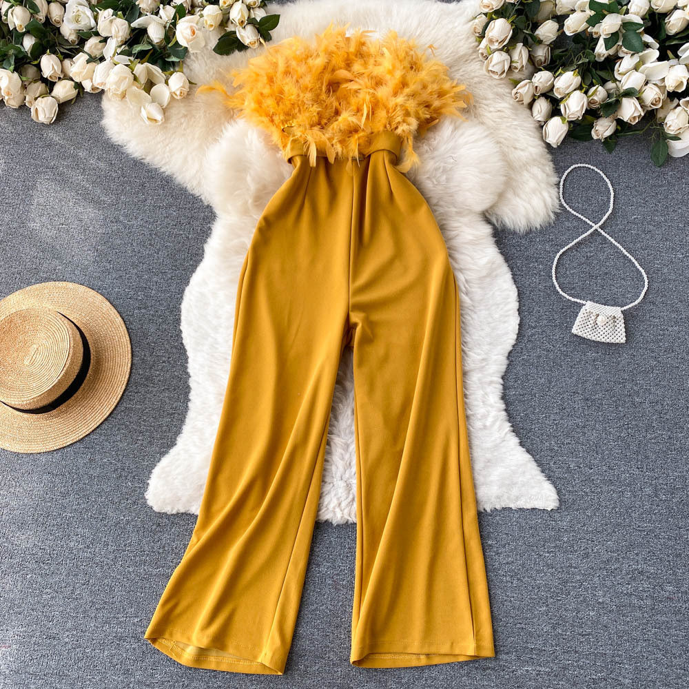 Fashion Women Pink Feather Strapless Summer Jumpsuit