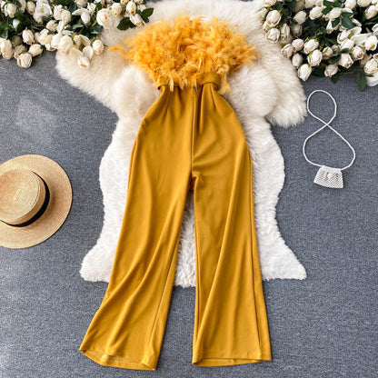 Fashion Women Pink Feather Strapless Summer Jumpsuit