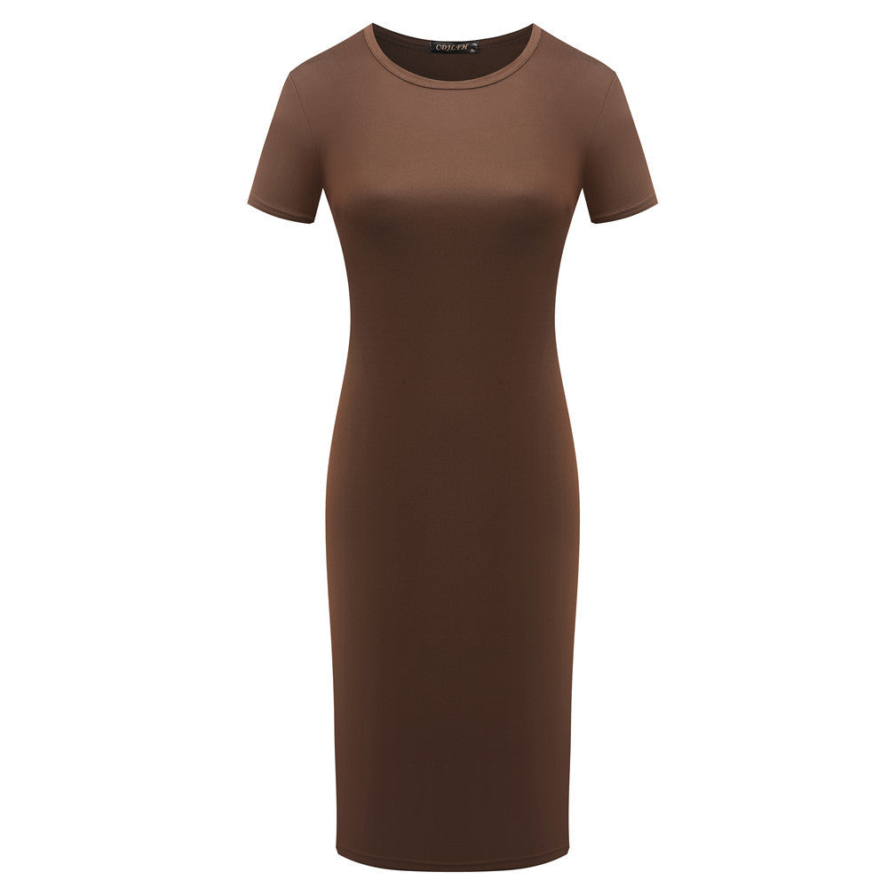 Women Short Sleeve Bodycon Dress with Solid Color Fabric