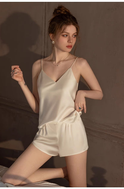 Conjunto de pijama holgado de dos piezas con camisola y pantalones cortos de seda helada para mujer