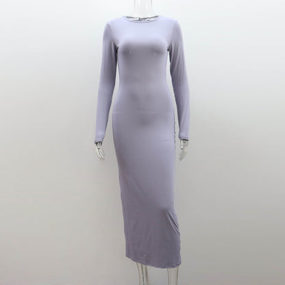 Women Solid Color Milk Fiber Long Sleeve Dress