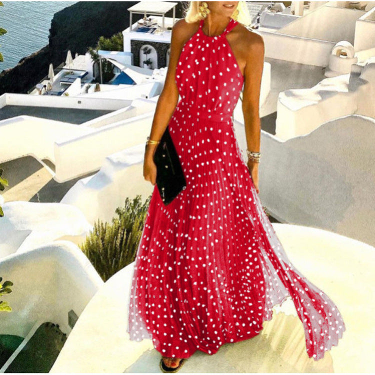 Women Fashion Casual Boho Polka Dot Printing Sleeveless Maxi Dress