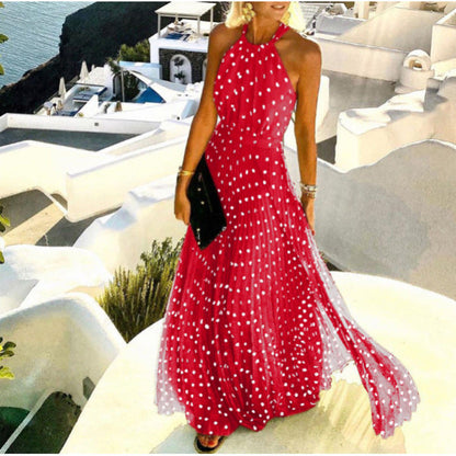 Women Fashion Casual Boho Polka Dot Printing Sleeveless Maxi Dress