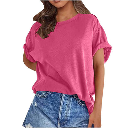 Camiseta holgada de manga corta con cuello redondo y color liso para mujer