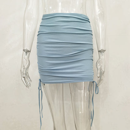 Women Fashion Solid Color Drawstring Pleated Skirt