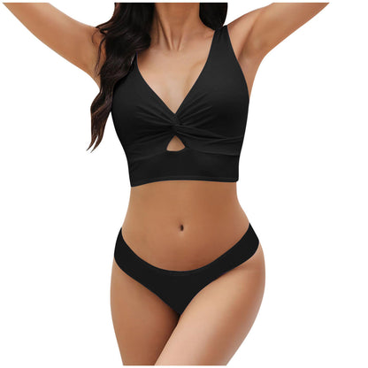 Summer Women Fashion Solid Color Deep V Swimsuit Set