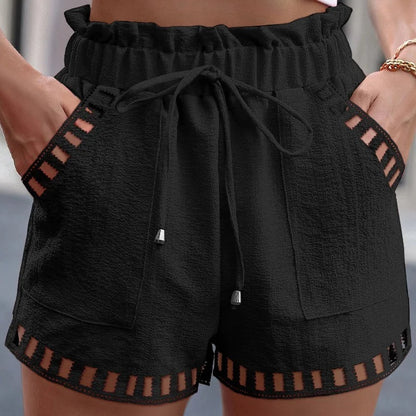 Women Casual Summer Cotton Linen Solid Color Hollow Hem Shorts