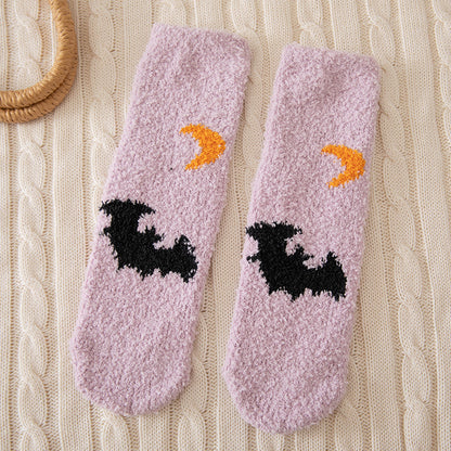 Calcetines unisex de Halloween con diseño de murciélago fantasma y forro polar coral