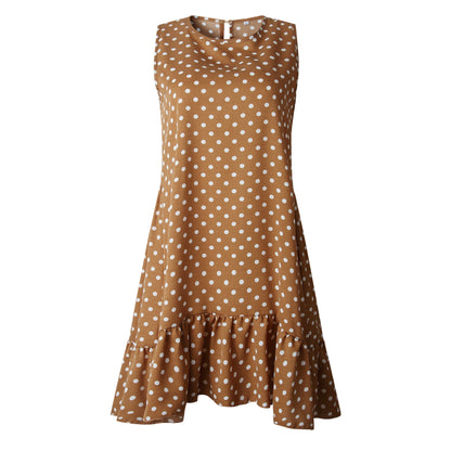 Minivestido playero bohemio de verano con lunares, sin mangas y volantes para mujer