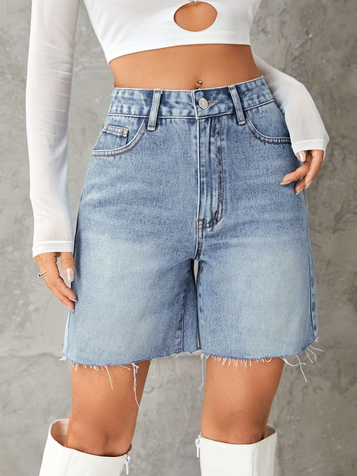 Pantalones cortos vaqueros de cintura alta informales de moda para mujer con algodón y poliéster