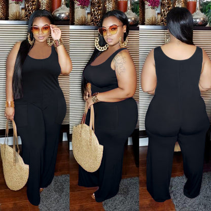 Women Plus Size Solid Color Sleeveless Jumpsuit