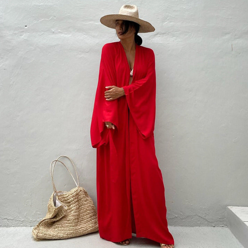 Vestido playero informal de manga larga con cordones para mujer
