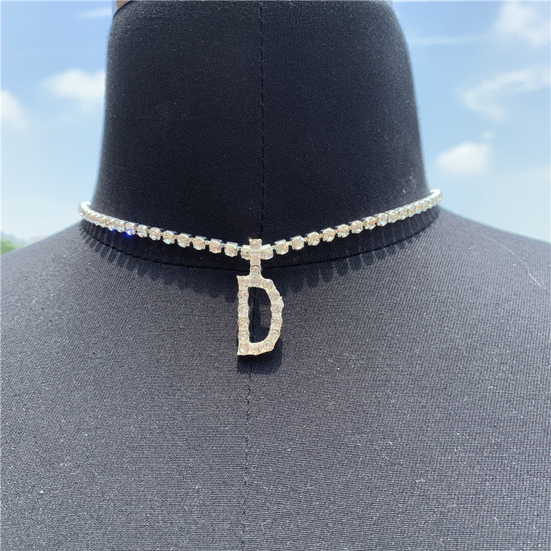 Women Rhinestone Alphabet Necklace