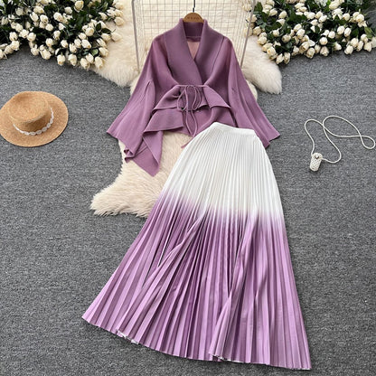 Women Gradient Color Lace-Up Blouse Pleated Skirt Set