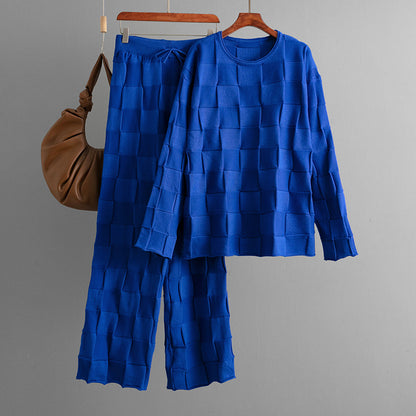 Women Casual Solid Color Square Plaid Sweater and Pants Set