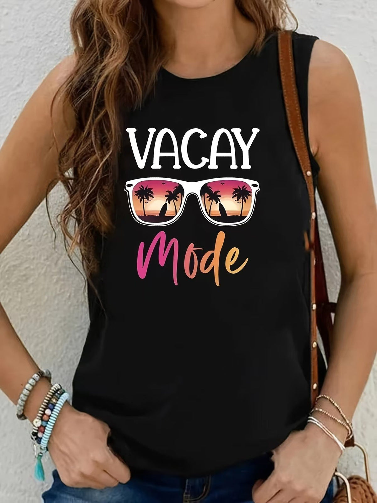 Camiseta sin mangas con cuello redondo y estampado informal a la moda para mujer