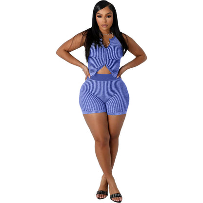 Women Fashion Sexy Stripe Knitted Two-Piece Set