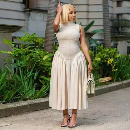 Women Fashion Elegant Solid Color Pleated Dress