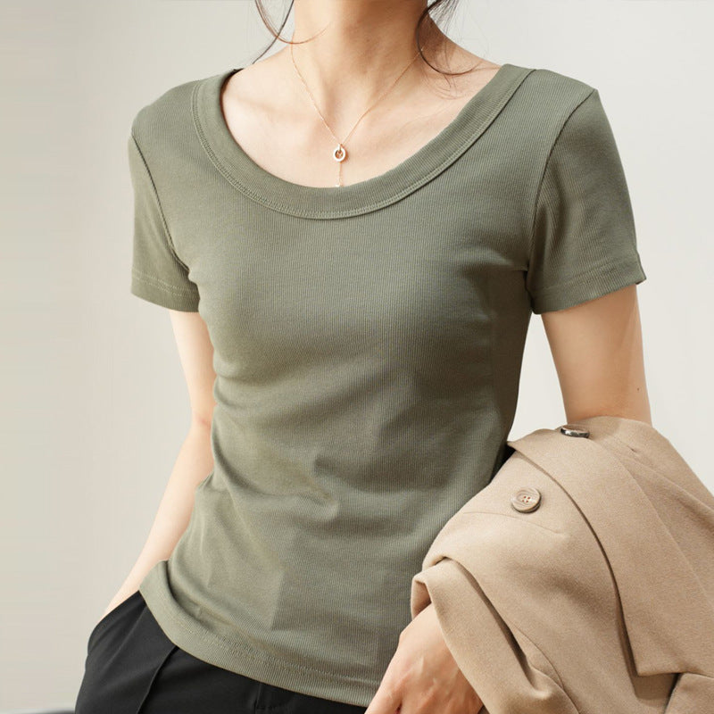 Women Simple Solid Color Round Neck Short Sleeve Blank T-Shirt