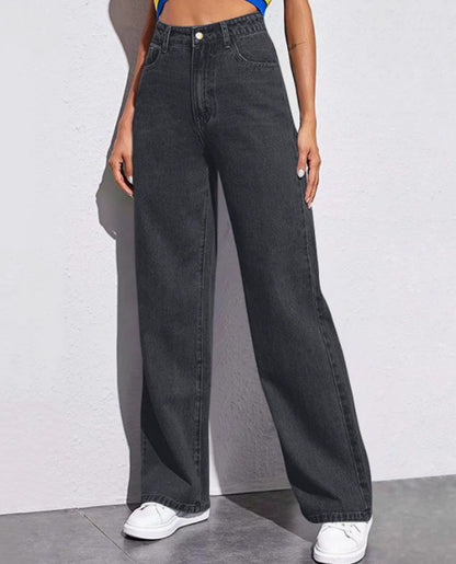Women Fashion Casual Solid Color High Waist Jeans