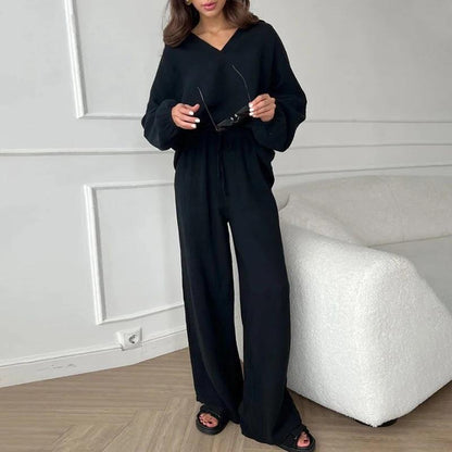 Conjunto de dos piezas con escote en V y color liso para mujer