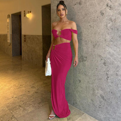 Women Sexy Crop Top Side-Slit Skirt Set