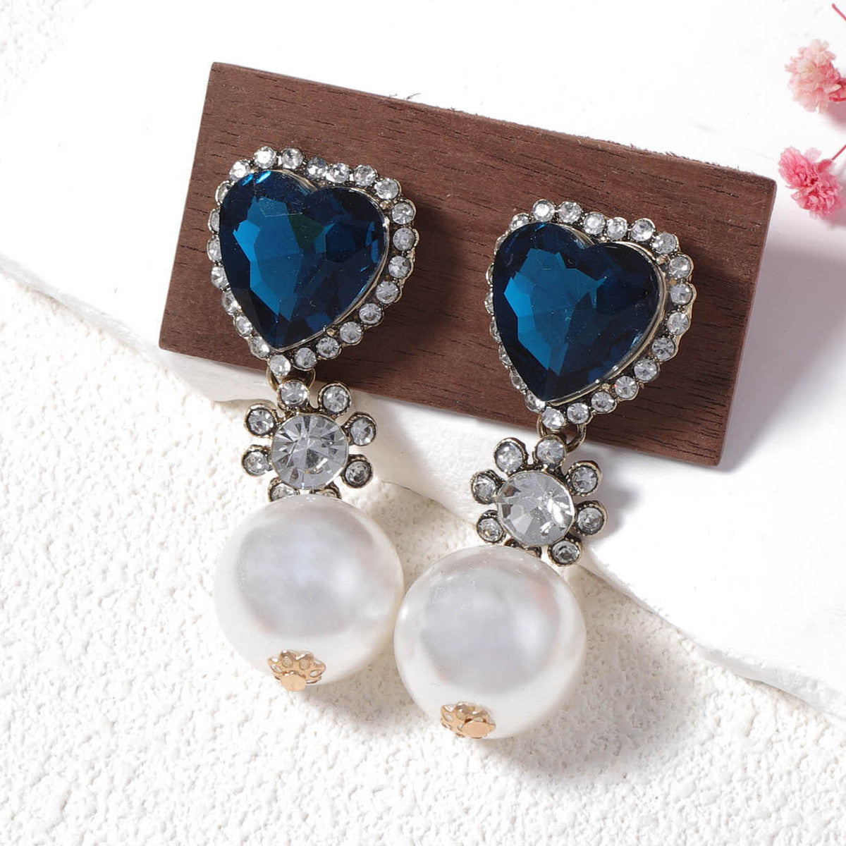 Pendientes de perlas y diamantes de imitación retro para mujer, joyería de moda estilo corazón