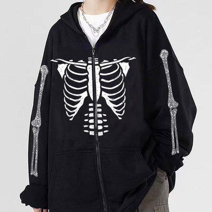 Cardigan sweat-shirt zippé gothique à motif tête de mort pour femme